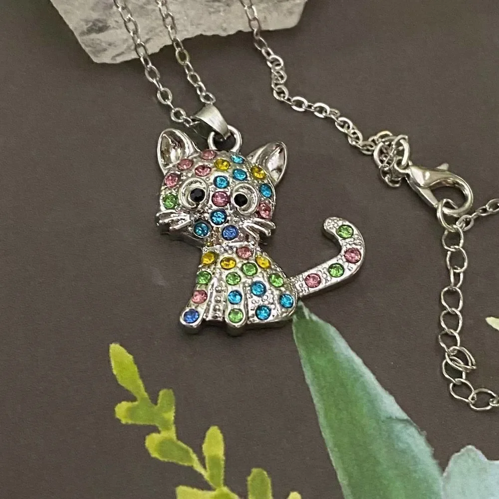 Kitty Cat CZ Silver Necklace